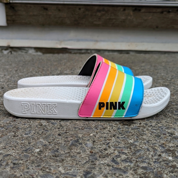 Victoria's Secret Pink Rainbow Stripes Logo Single Strap Slides Sandals - Picture 3 of 7